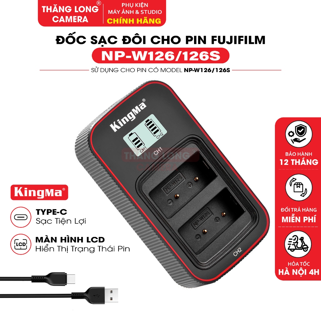 Sạc Đôi KingMa NP-W126 / NP-W126S LCD Type-C Cho Pin Fujifilm - Sạc 2 Pin Hiển Thị LCD