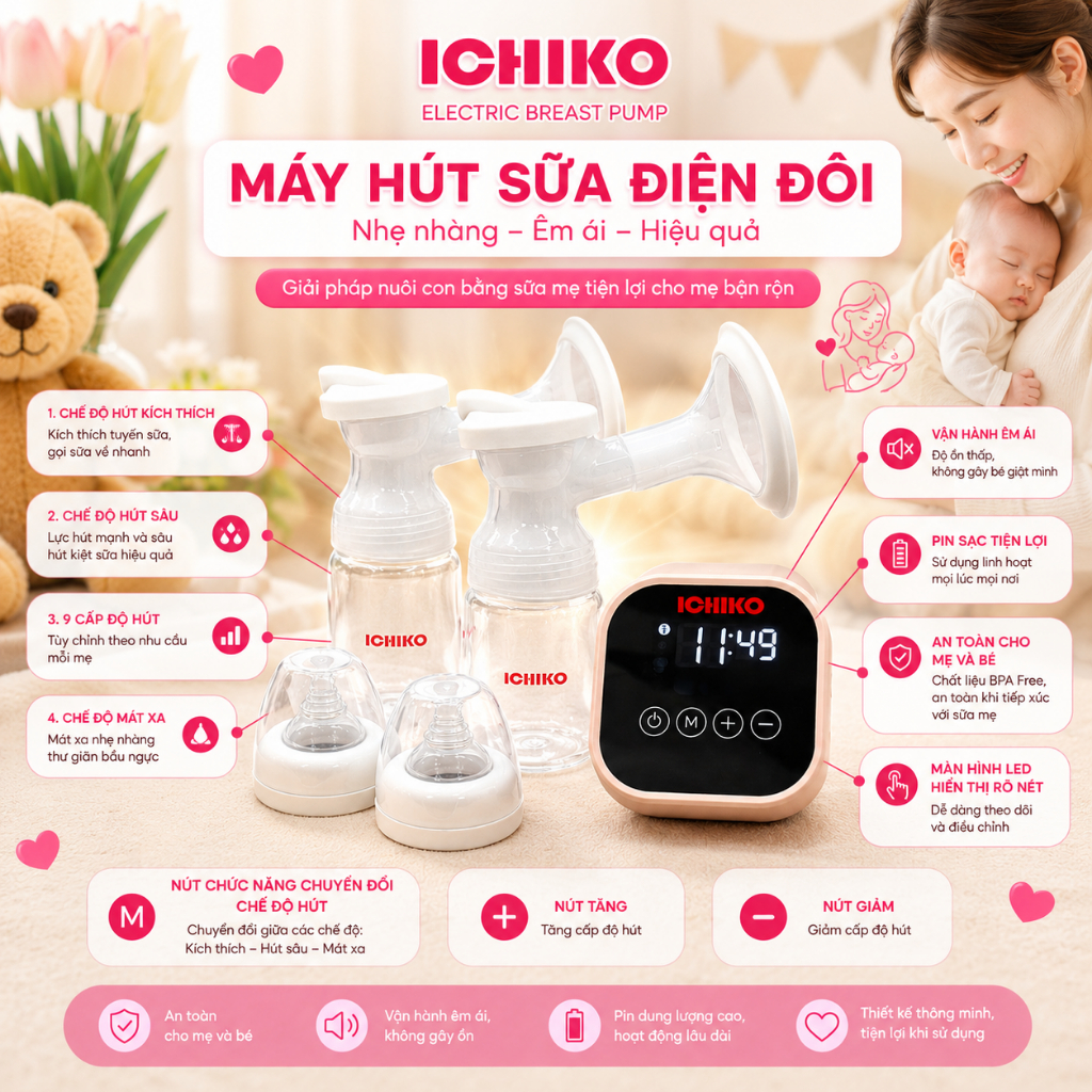 MÁY HÚT SỮA ĐIỆN ĐÔI CÓ TÍCH ĐIỆN ICHIKO M5 + QUÀ TẶNG CỦA MÁY HÚT SỮA ICHIKO ( NÚM TI LẮP BÌNH )