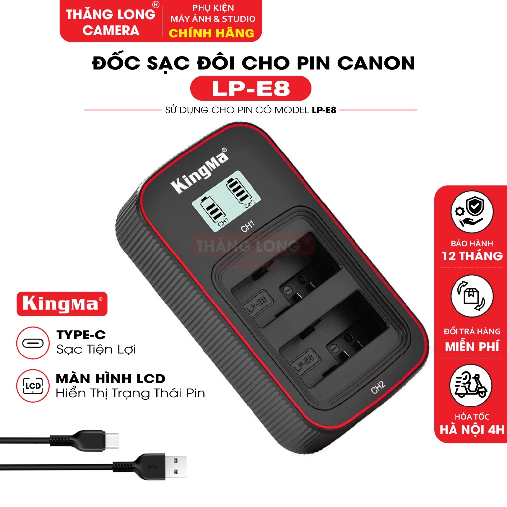 Sạc Đôi KingMa LP-E8 LCD Type-C Cho Pin Canon LP-E8 - Sạc 2 Pin Hiển Thị LCD