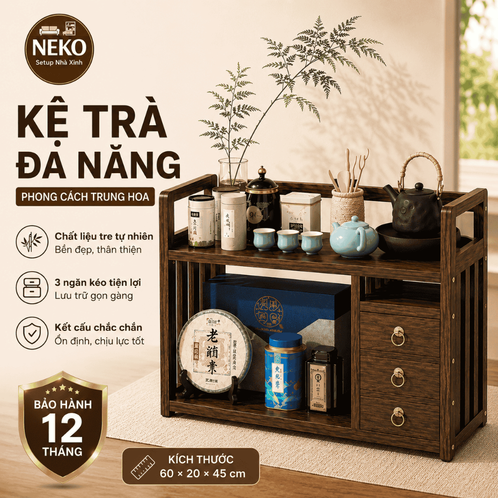 Kệ Trà Gỗ Tre Để Bàn 3 Ngăn Kéo Đa Năng – Kệ Đựng Ấm Chén, Trà Cụ, Kệ Trang Trí Phong Cách Trung Hoa