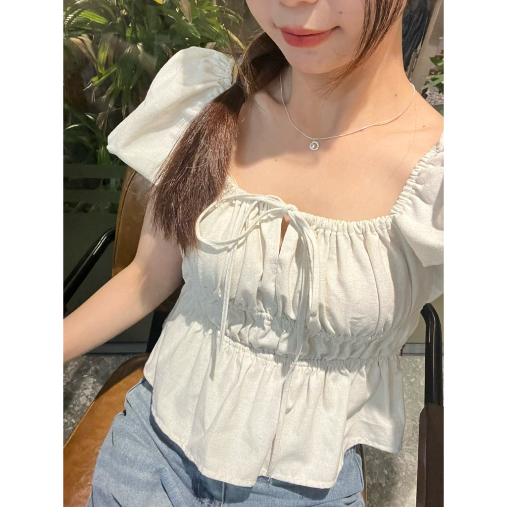 [PASS] Áo babydoll linen kiểu xinh tay phồng tiểu thư công chúa bo thân nơ coquette ngực xinh xắn Ki