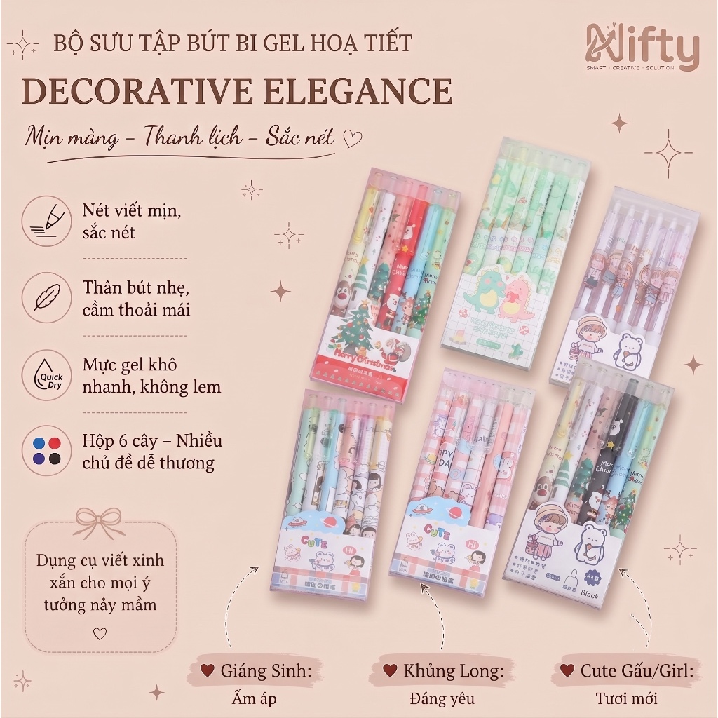 Combo 6 bút mực gel Nifty/ bút mực/ combo bút mực