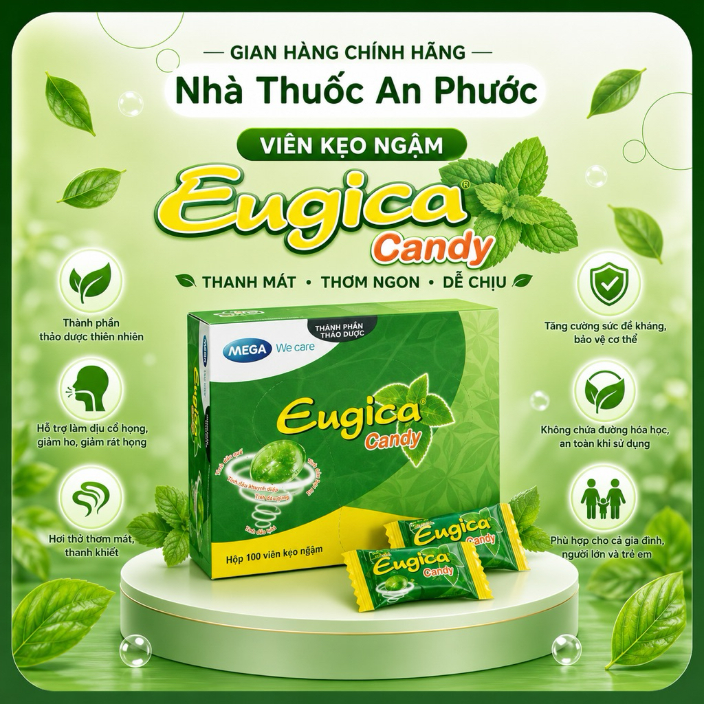 Kẹo ngậm Eugica ⚡ CAM KẾT CHÍNH HÃNG ⚡ Kẹo ngậm thảo dược Eugica (100 viên) giúp giảm ho, ngứa, rát 