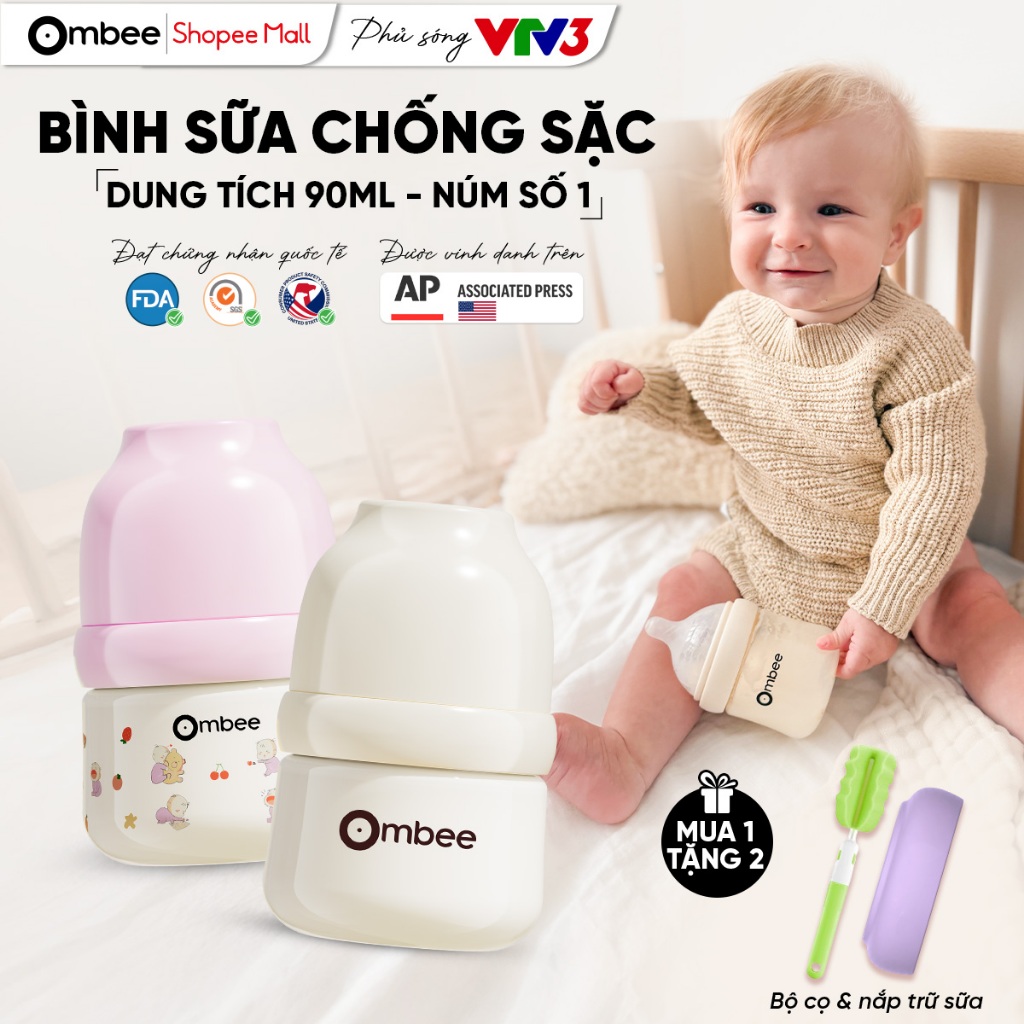 [DUNG TÍCH 90ML] Bình Sữa Ombee Dung Tích 90ml Chất Liệu PPSU Chống Sặc Chống Đầy Hơi Núm Ti Mềm Mô 