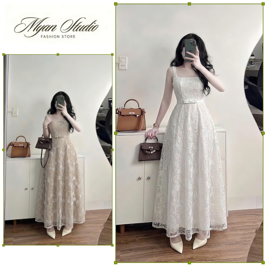 [QCCC] Váy ren 2d bling nơ eo xinh new, đầm ren 2 dây thiết kế_Myan Store