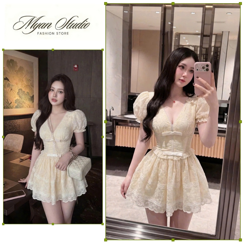 Đầm Cổ V Viền Ren Xòe Bồng Váy Thiết Kế Đi Tiệc Tiểu Thư_Myan Store [AL]