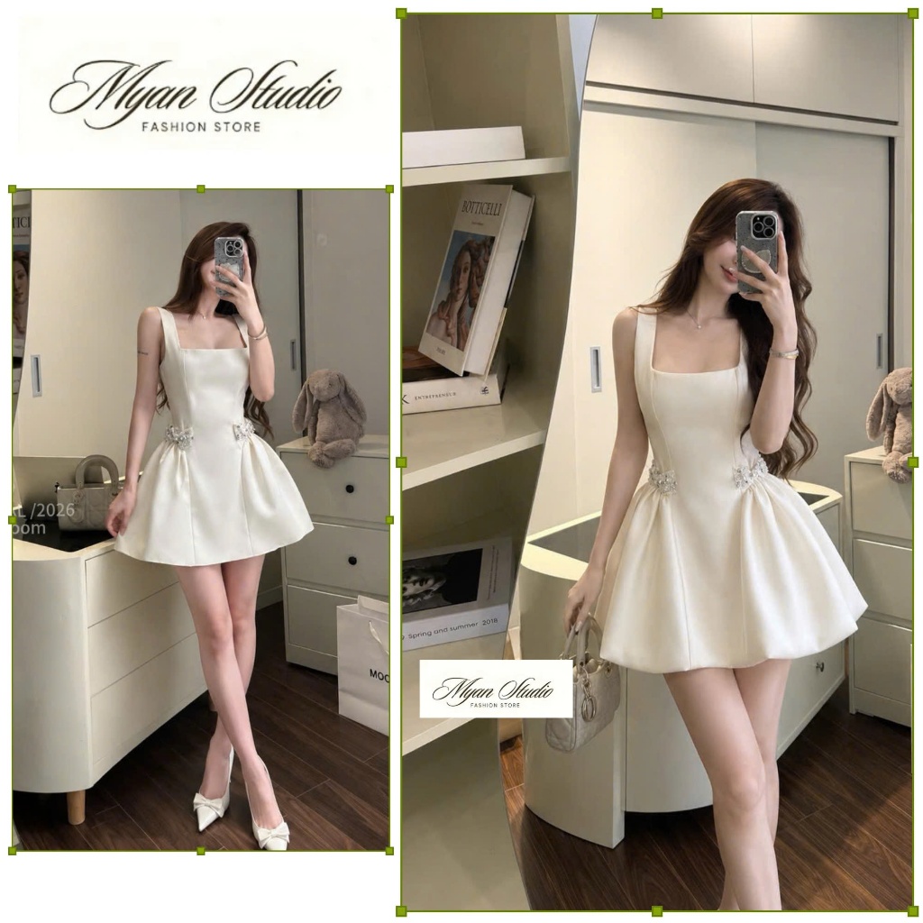 Đầm 2 dây thiết kế 2d bản nhún hông phối nơ bling đầm dự tiệc_Myan store