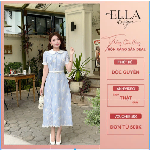 Váy Đầm Thiết Kế Ella Desgin dành cho nữ kiểu dáng váy midi xòe, tay ngắn, cổ bèo phối trắng kèm ble
