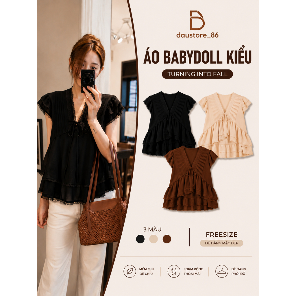 𝑫𝙖𝒖_𝑺𝙩𝒐𝙧𝒆86 𝙙𝙖𝙪_𝙨𝙩𝙤𝙧𝙚86// Áo Babydoll Kiểu Nữ Phối Ren Xếp Ly Bèo Tầng Phong Cách Hàn Quốc Mùa Hè - 