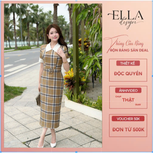 Váy Đầm Thiết Kế Ella Desgin dành cho nữ kiểu dáng váy bút chì, tay ngắn, cổ bẻ phối trắng kèm blet 