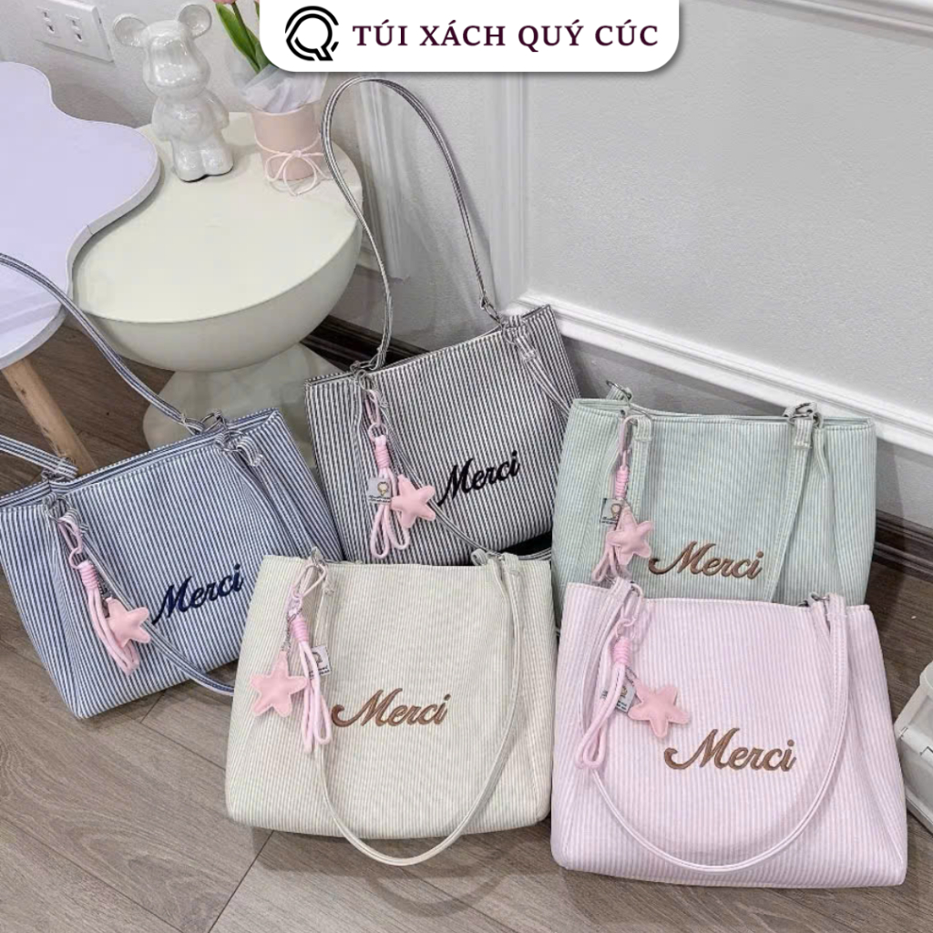(Tặng Kèm Charm Ngẫu Nhiên) Túi Tote Đeo Vai Nữ Merci Kẻ Sọc Cao Cấp Phong Cách Hàn Quốc Thanh Lịch 