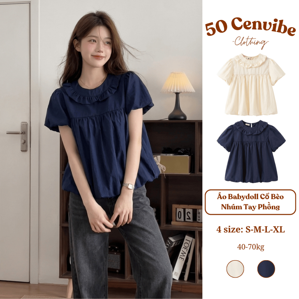 Áo Babydoll Nữ Cổ Bèo Nhún Tay Phồng Dáng Bí Phong Cách Hàn Quốc (50 Cenvibe.Clothing) #390