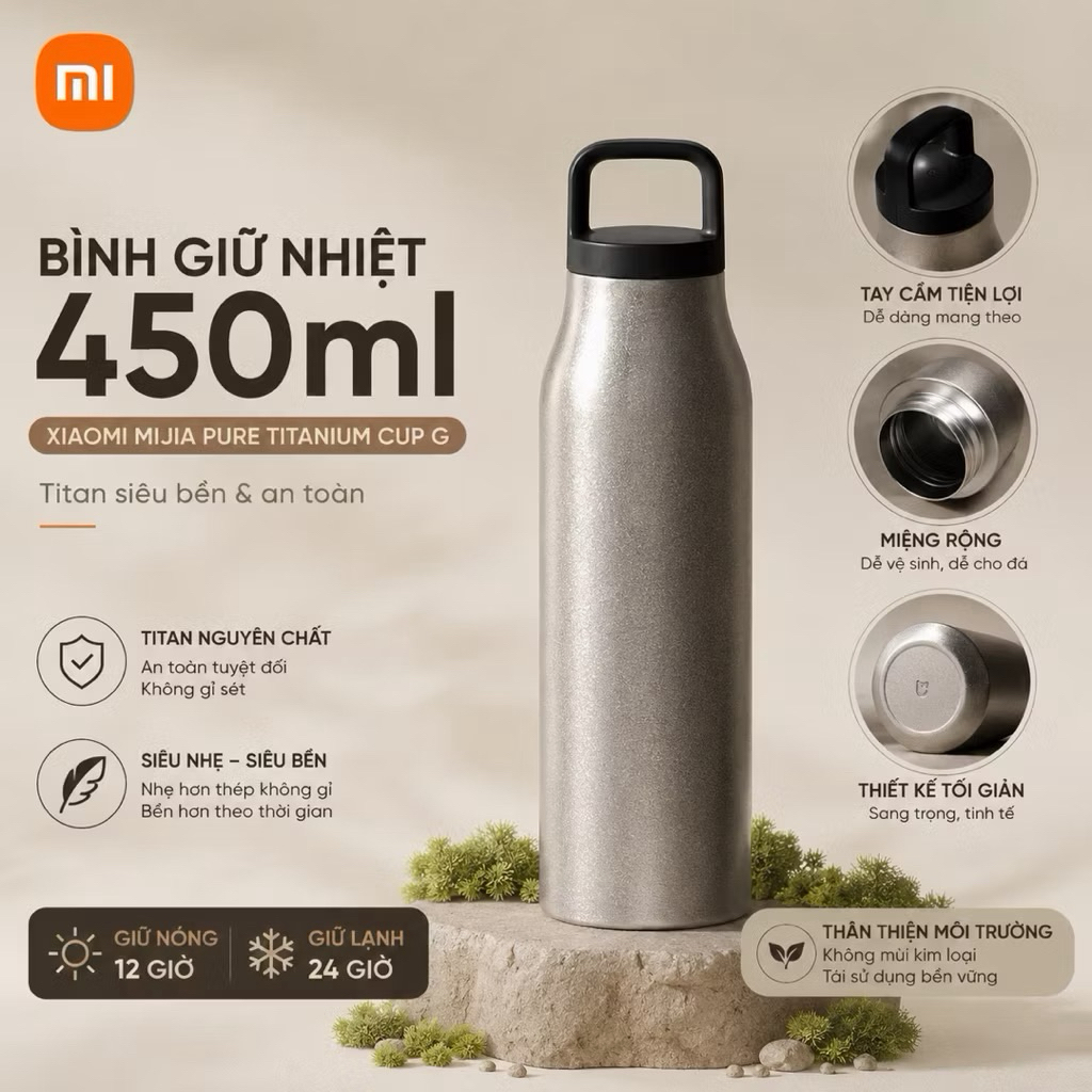 Bình Giữ Nhiệt 450ml Mijia Pure Titanium CUP G – Giữ Nhiệt 6-12h – Nắp Uống Trực Tiếp Cao Cấp