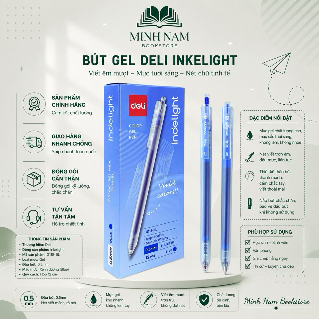 [Hộp 12 Cây] Bút gel mực xanh dương Deli EG118 viết gel pen DELI G118