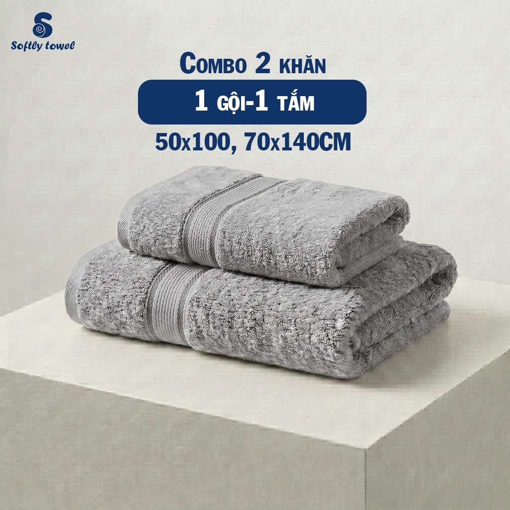 Combo 2 Khăn Softly Towel Cao Cấp (1 Tắm 70x140 + 1 Gội 50x100) - 100% Cotton Thấm Hút Tốt, Chống Ẩm