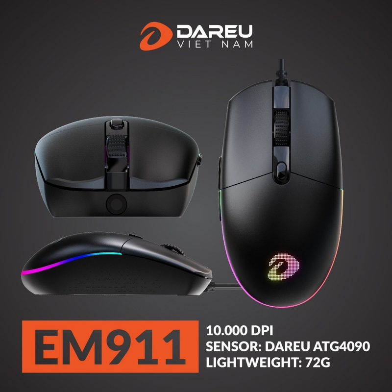 Chuột Gaming Dareu EM911 Black | Siêu Nhẹ 72g, Sensor BRAVO 10.000 DPI, Switch 50 Triệu Lần Click, R