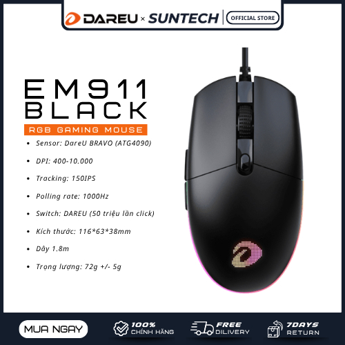 Chuột Gaming Dareu EM911 Black | Siêu Nhẹ 72g, Sensor BRAVO 10.000 DPI, Switch 50 Triệu Lần Click, R