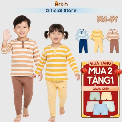 Bộ dài tay trẻ em cổ trụ Arich, đồ bộ dài tay trẻ em, petit vải sợi tre cho bé trai, bé gái size 9 tháng đến 6 tuổi