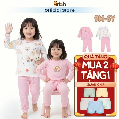 Bộ dài tay bé gái Monzi thương hiệu Asbaby vải petit cotton rayon cho bé gái size 9 tháng đến 6 tuổi