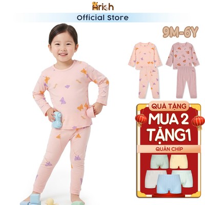 Bộ dài tay bé gái Arich Flutter, đồ bộ dài tay vải sợi tre petit, size 9 tháng đến 6 tuổi