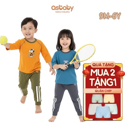 Bộ áo lửng quần dài em bé asbaby PALS chất liệu poly co giãn cho bé trai, bé gái size 9 tháng đến 6 tuổi