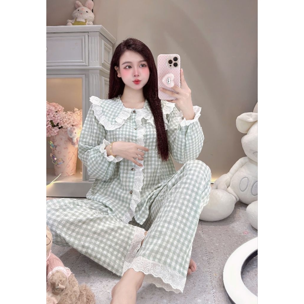 SÉT BỘ PYJAMA DÀI KẺ BÈO CÚC REN XINH SIU HÓT CHAT3652