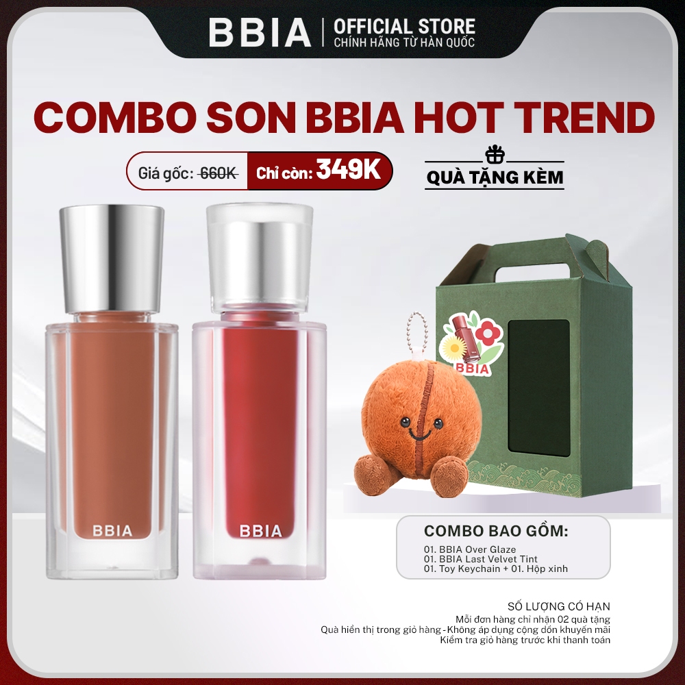 COMBO Son BBIA Hot Trend: 01 Son bóng mượt mà BBIA Over Glaze + 01  Son kem nhung thuần chay BBIA Last Velvet Tint