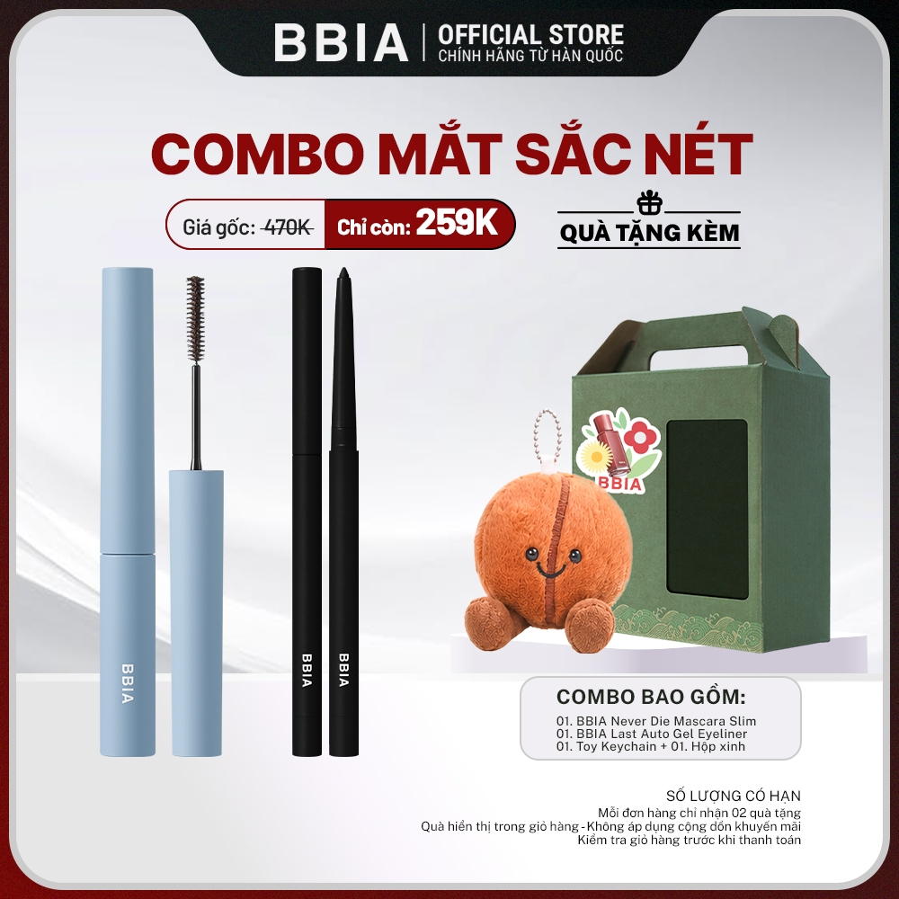 COMBO Mắt Sắc Nét: 01 Mascara tơi mi, không lem BBIA Never Die Slim + 1 Kẻ mắt chống nước BBIA Last 