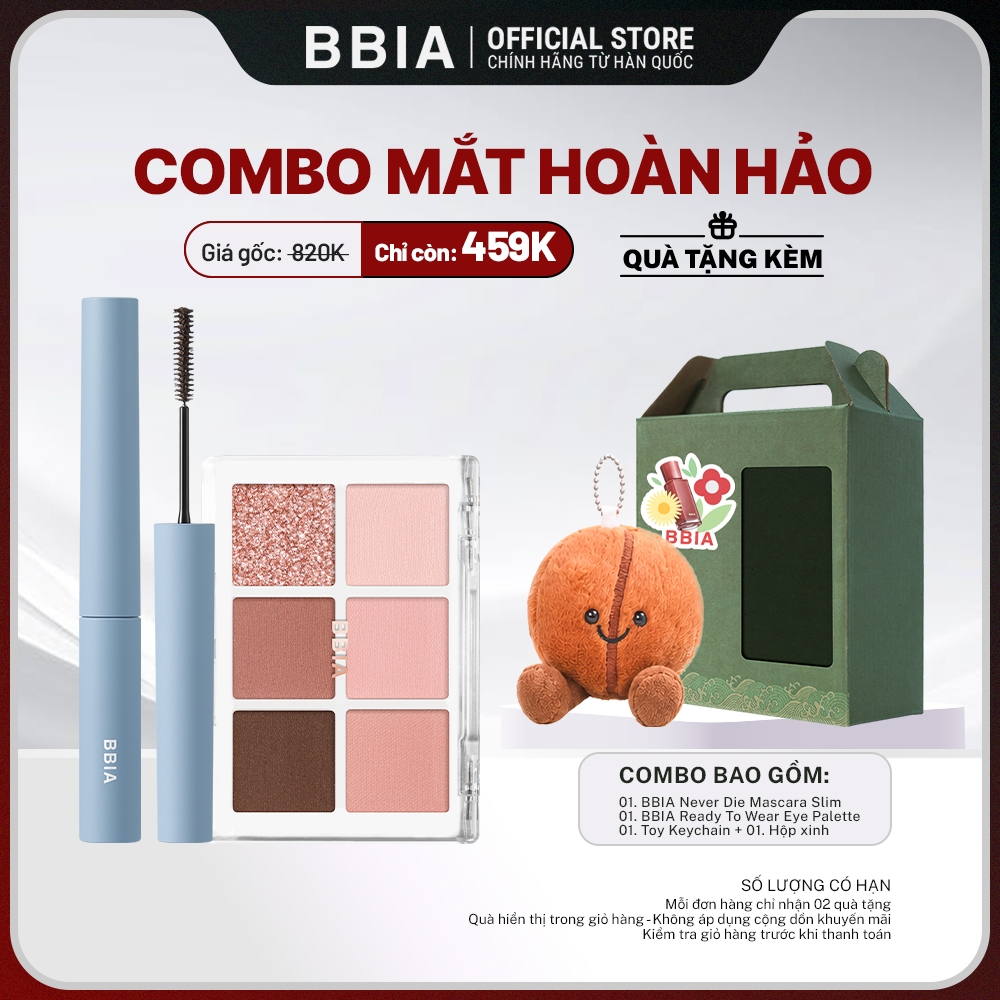 COMBO BBIA Mắt Hoàn Hảo: 1 Mascara tơi mi,không lem BBIA Never Die Slim + 1 Bảng phấn mắt 6 ô Ready To Wear Eye  Palette