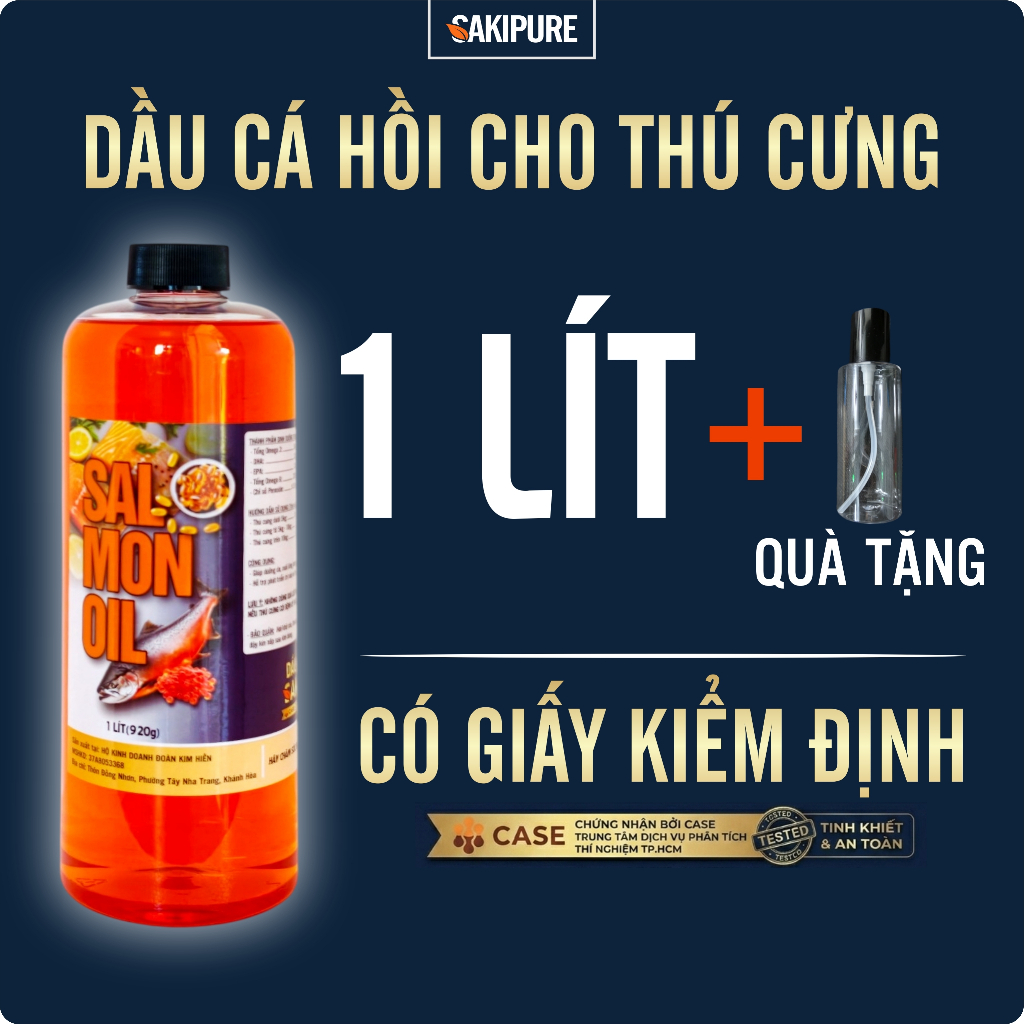 1 LÍT Dầu Cá Hồi Thú Cưng SAKIPURE - Dưỡng Lông, Mượt Da, Giàu Omega 3,6 & DHA - Đạt Chuẩn Kiểm Định