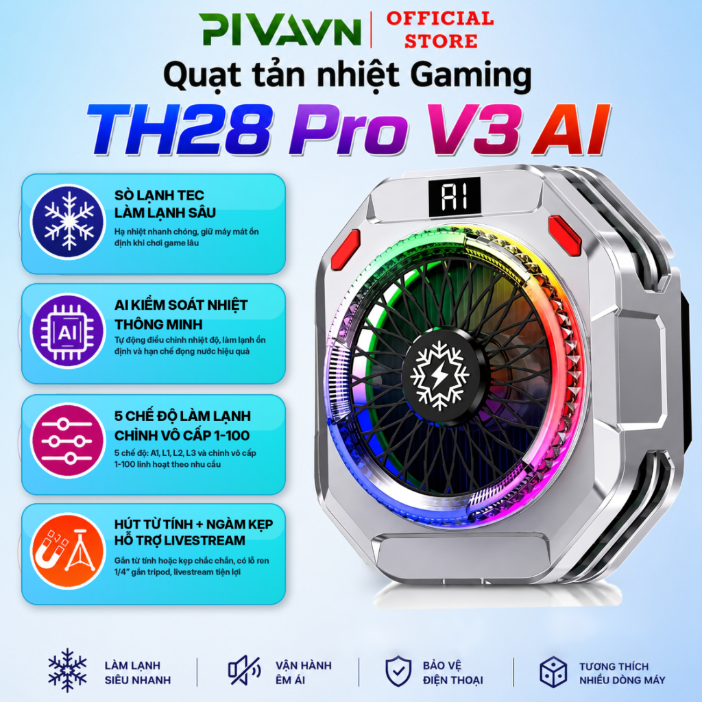 Quạt tản nhiệt sò lạnh KIRI TH28 V3 Pro AI 37W làm lạnh đóng đá cực nhanh không lo nóng máy