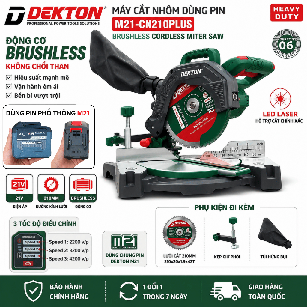 Máy Cắt Hợp Kim Chạy Pin Dekton M21-CN210PLUS 210mm Không Chổi Than Có Tia Laser 3 Cấp Tốc Độ Chân P