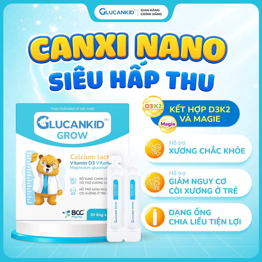TPBVSK Glucankid Grow - Canxi nano siêu hấp thu hỗ trợ bổ sung canxi dạng ống chia liều tiện lợi cho
