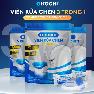 105 viên rửa chén bát sinh học KOCHI  3-trong-1 - viên nén 8g - Diệt khuẩn 99.9% - Sạch sâu sáng bóng - An toàn