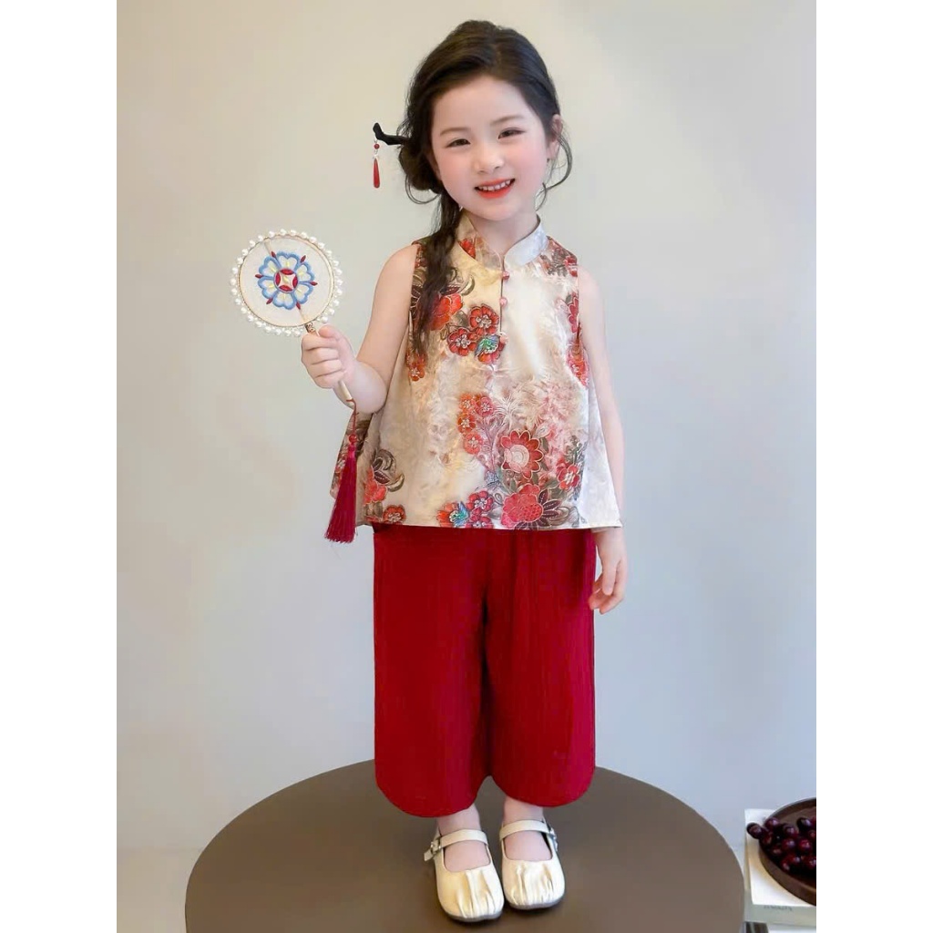 [XẢ 99K] Quần áo trung thu cho bé gái, áo cách tân cổ trụ tiểu thư phối quần lụa dáng suông cho bé 1