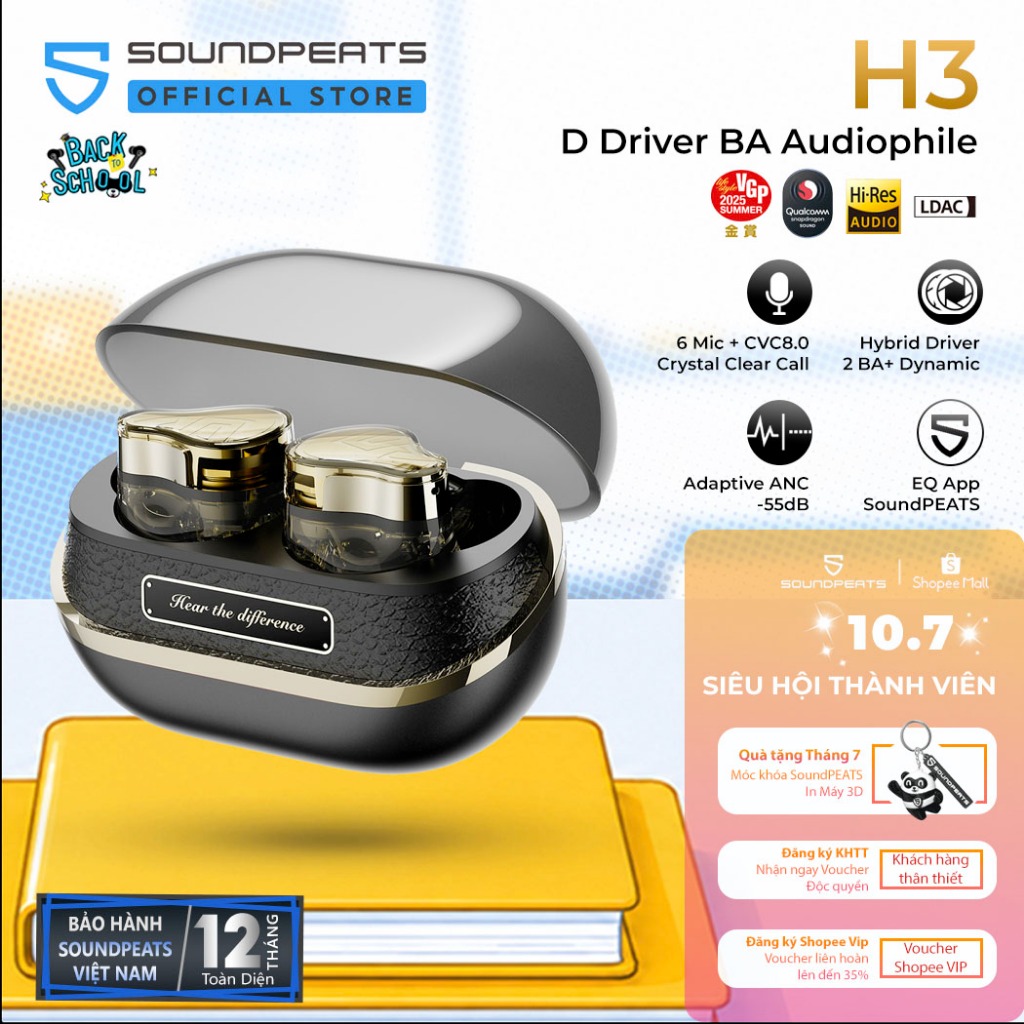 Tai nghe True Wireless SoundPEATS H3 LDAC APTX Lossless | 3 Driver BA Dynamic Bluetooth 5.4