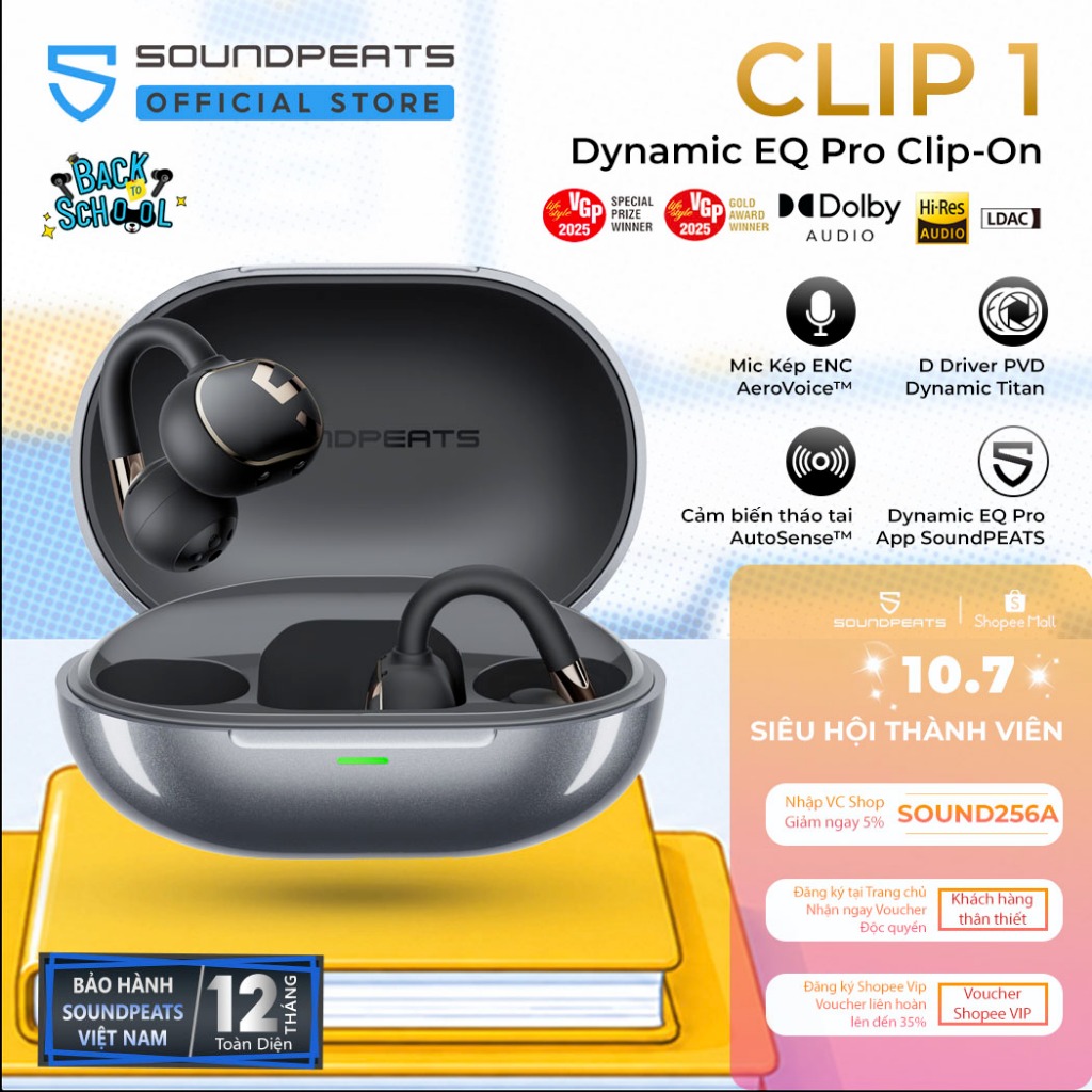 Tai Nghe True Wireless SoundPEATS Clip 1 | Driver Dynamic DVP Titan Kép | DynamicEQ Pro | Bluetooth 5.4