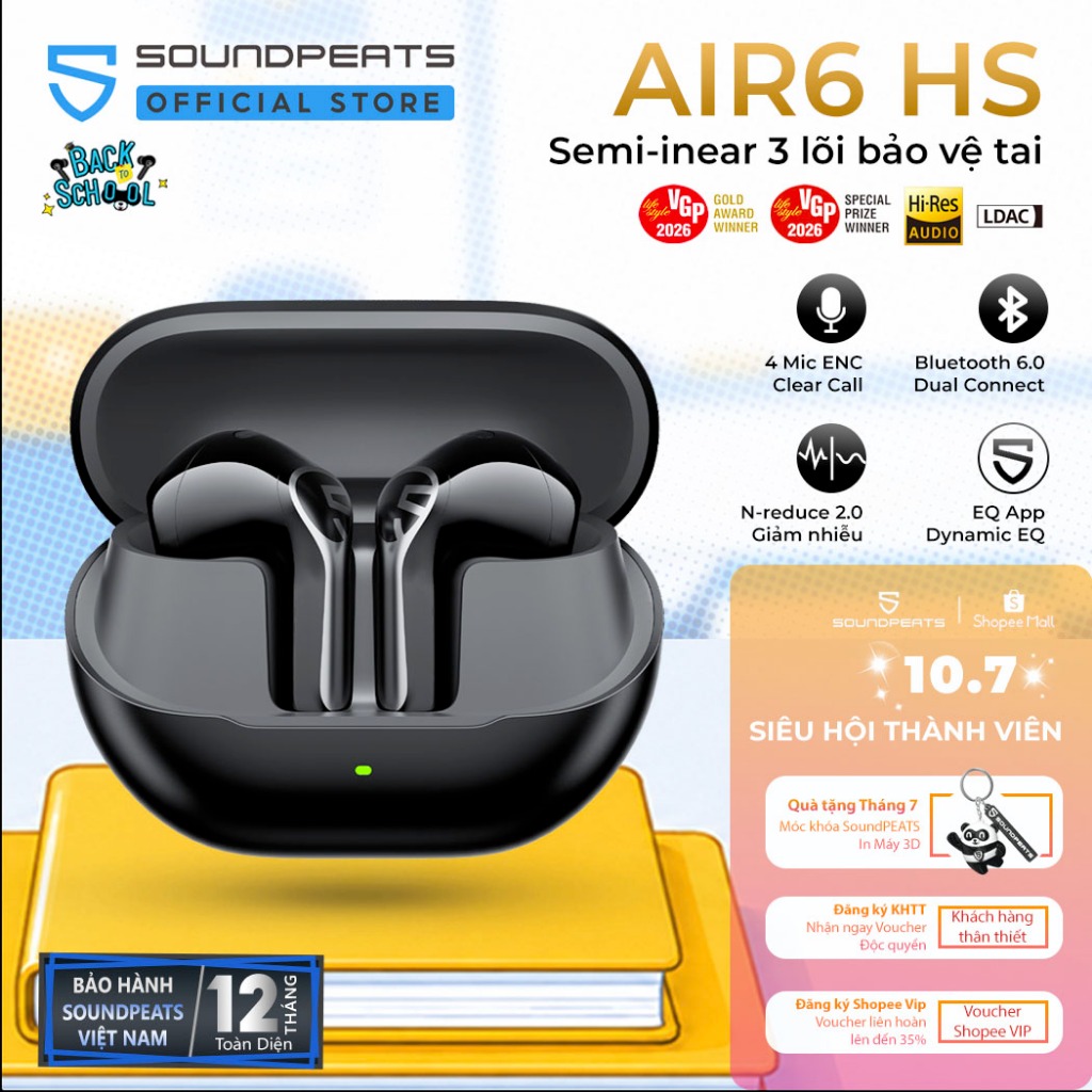 Tai Nghe True Wireless SoundPEATS Air6 HS Hires Audio | Driver Sinh Học 3 Lõi Bảo Vệ Tai | N-Reduce 2.0 | Bluetooth 6.0