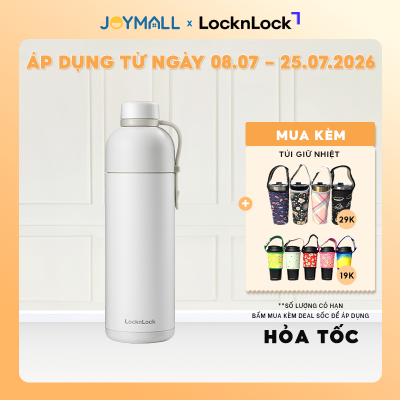 Bình giữ nhiệt LocknLock Belt Bottle Ngà LHC4267IVY 490ml, Hàng chính hãng, có quai xách - JoyMall