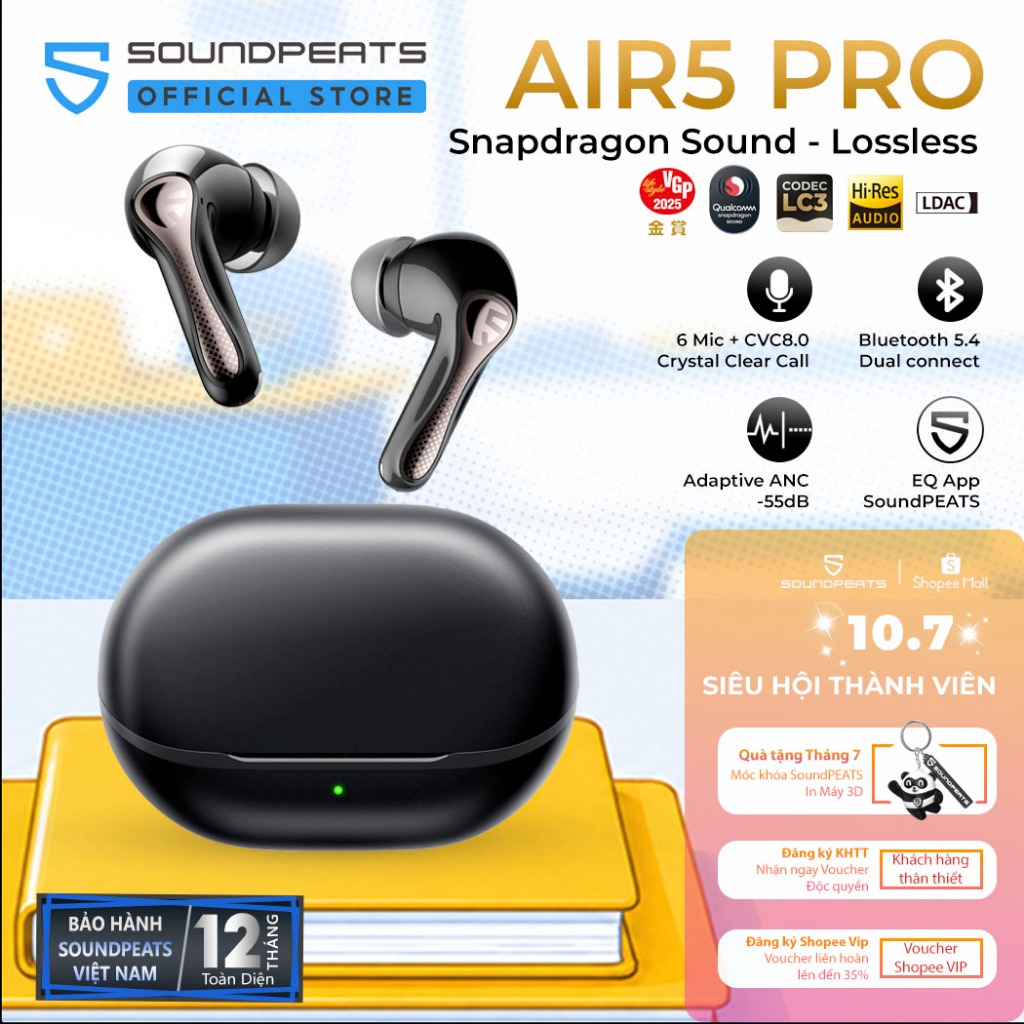 Tai nghe True Wireless SoundPEATS Air5 Pro ANC 55dB | LDAC Le Audio | APTX Lossless Bluetooth 5.4