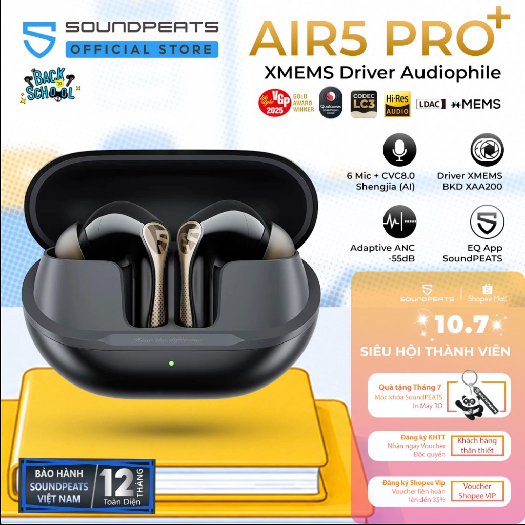 Tai nghe True Wireless SoundPEATS Air5 Pro+ Adaptive ANC 55dB | Loa Kép xMEMS | Bộ Đôi Hires LDAC APTX | Bluetooth 5.4