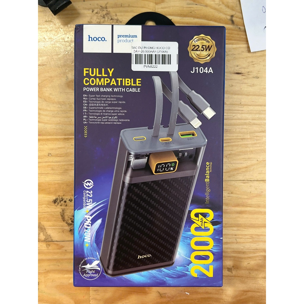 Sạc Dự Phòng Hoco J104/ J104A, J103A  Dung Lượng 20000mAh,10.000ma /Sạc Nhanh 22.5W  Tích Hợp Dây Sạ