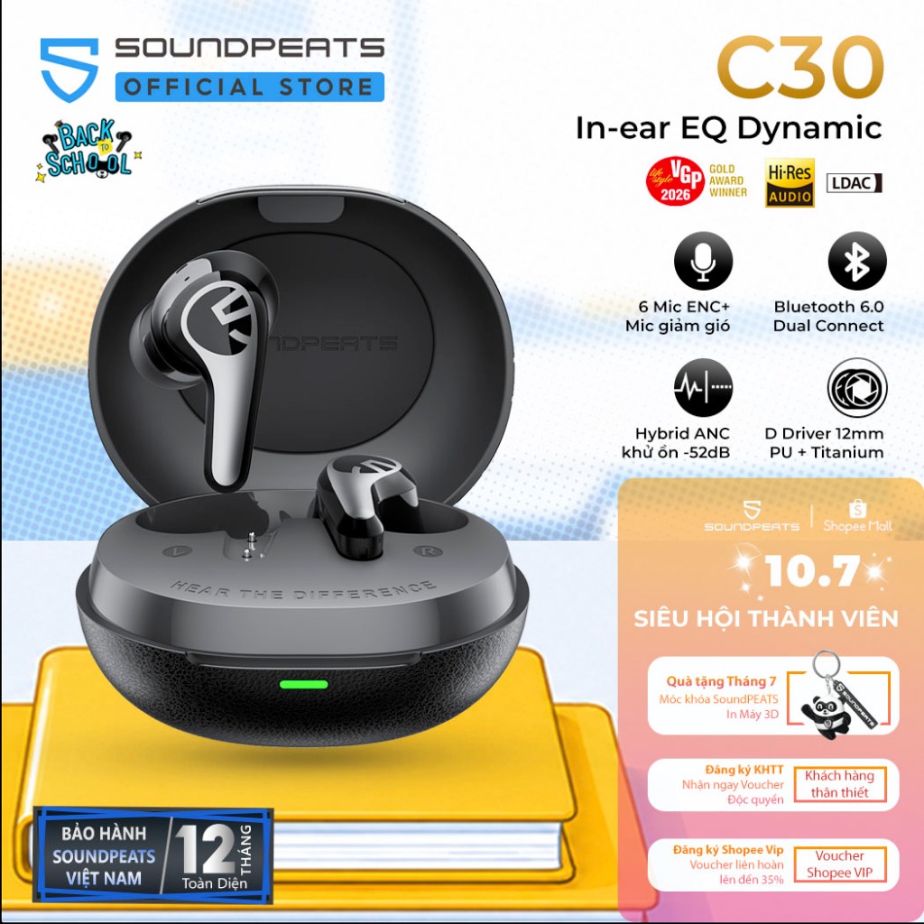 Tai Nghe True Wireless ANC SoundPEATS C30 Chống ồn -52dB Hybrid | Hires LDAC | 6 Mic Bluetooth 6.0