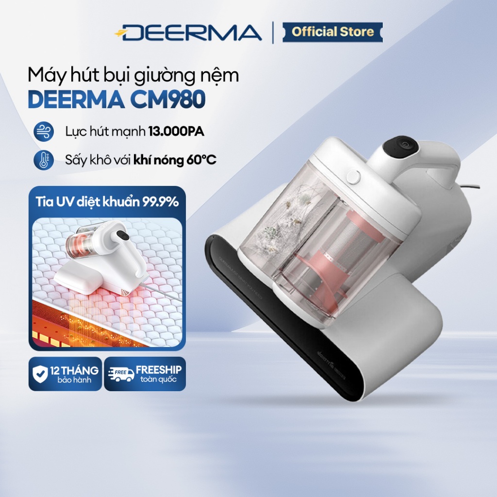 Máy hút bụi giường nệm Deerma CM980 lực hút 13000Pa sấy khô bằng khí nóng, kèm tia UV khử khuẩn - Bả