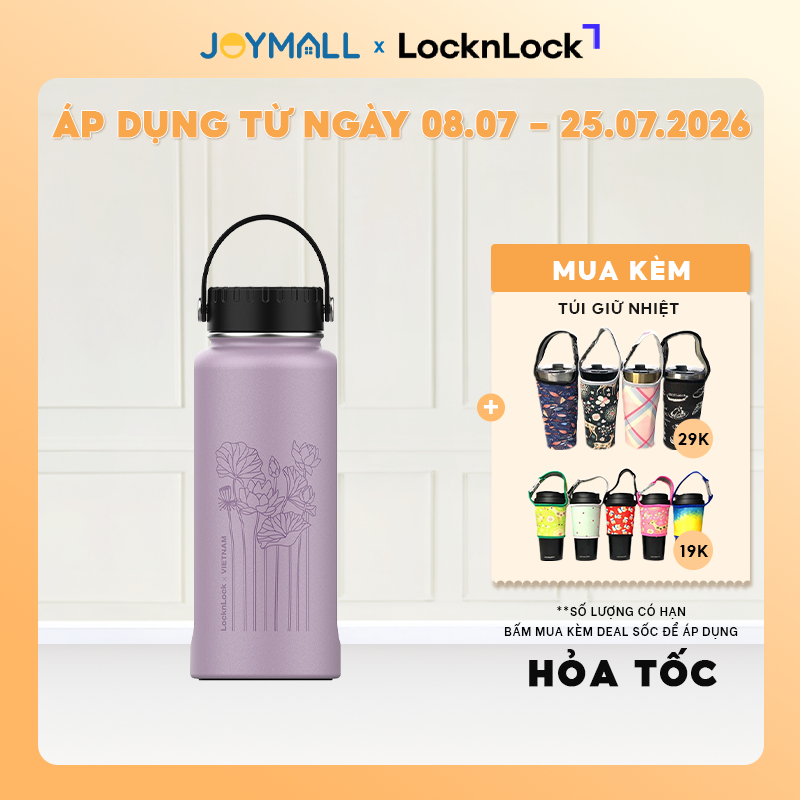 Bình giữ nhiệt LocknLock 897ml Riga Tím Hoa Sen LHC4160VOL, Hàng chính hãng, lọc trà inox - JoyMall