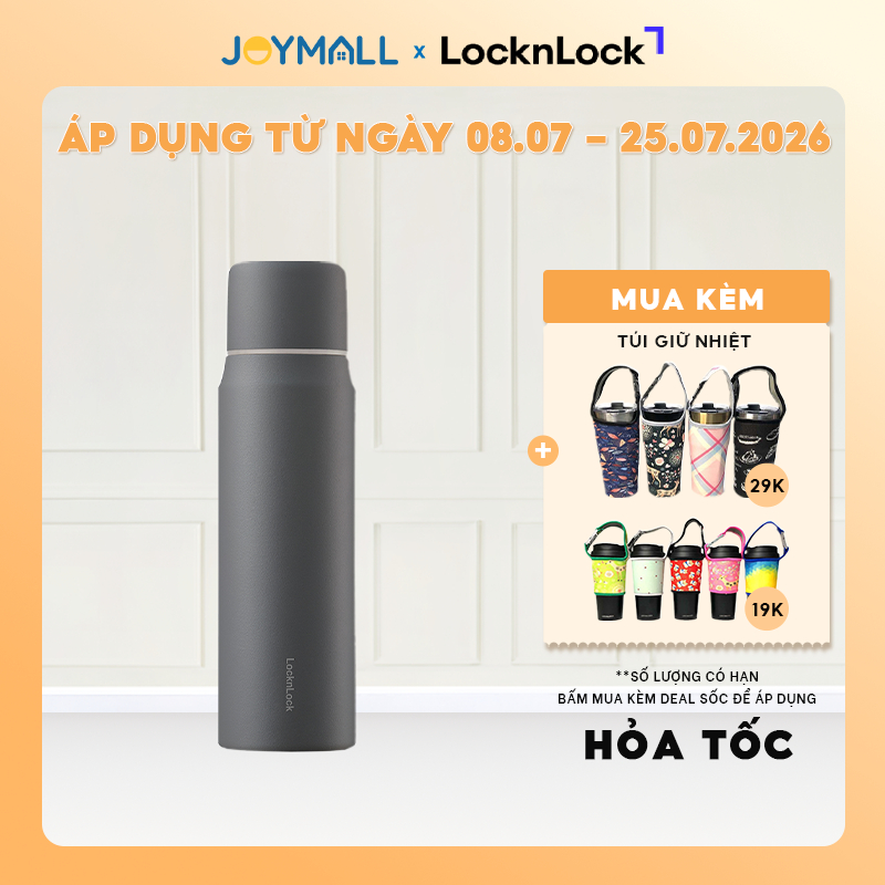 Bình giữ nhiệt LocknLock 505ml Xám LHC1487GRY - Hàng chính hãng, nắp dùng làm cốc nước - JoyMall