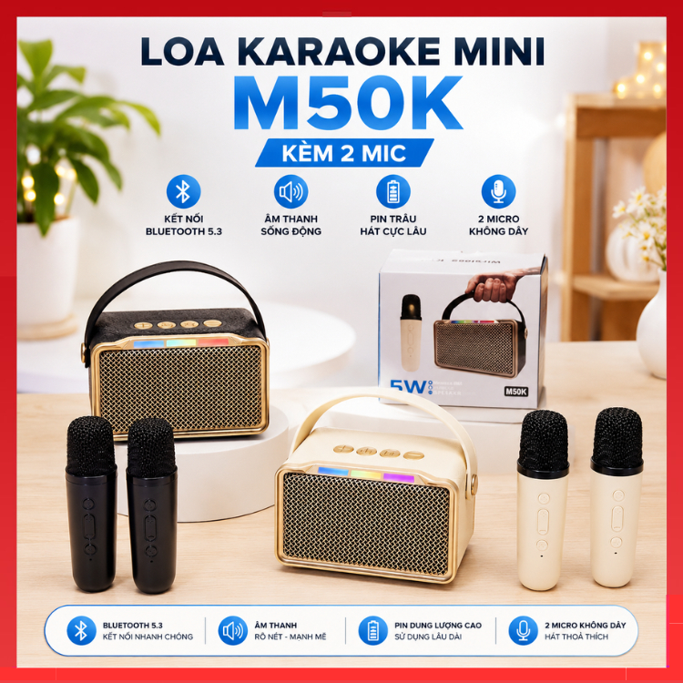 [GIÁ HỦY DIỆT] Loa Bluetooth Kèm 2 Mic Không Dây Hát Karaoke M50K / K12, Thay Đổi Giọng, Thời Trang,