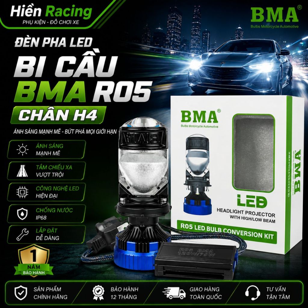 Đèn Pha Led Bi Cầu Chân H4 R05 BMA Công Suất 120W, Dùng Điện AC/DC Lắp Đèn H4 Không Cần Chế