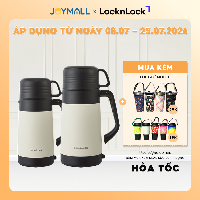 Bình giữ nhiệt LocknLock cỡ đại Ngà LHC1484 1,2L LHC1485 1,8L, Hàng chính hãng có quai xách, nắp làm