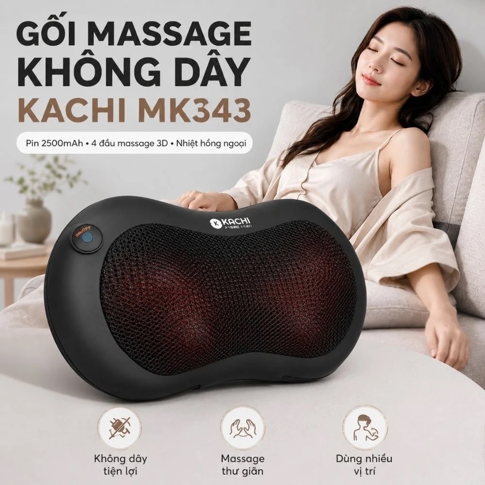 Gối Massage Hồng Ngoại Kachi Không Dây Dùng Pin Hỗ Trợ Giảm Đau, Massage Toàn Thân